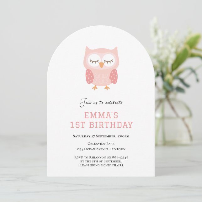 Cute Owl simples convite para o primeiro aniversár (Em pé/Frente)