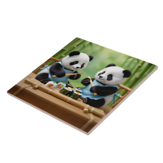 Cute Panda Bear Cubs Preparing Sushi (Lateral)