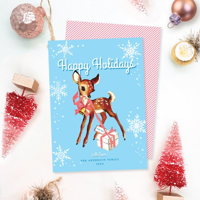 Cute Pink Retro Baby Deer Non-Photo Christmas Card (Criador carregado)