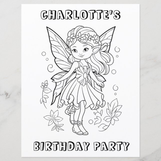 Cute pixie fairy birthday party coloring activity  (Frente)