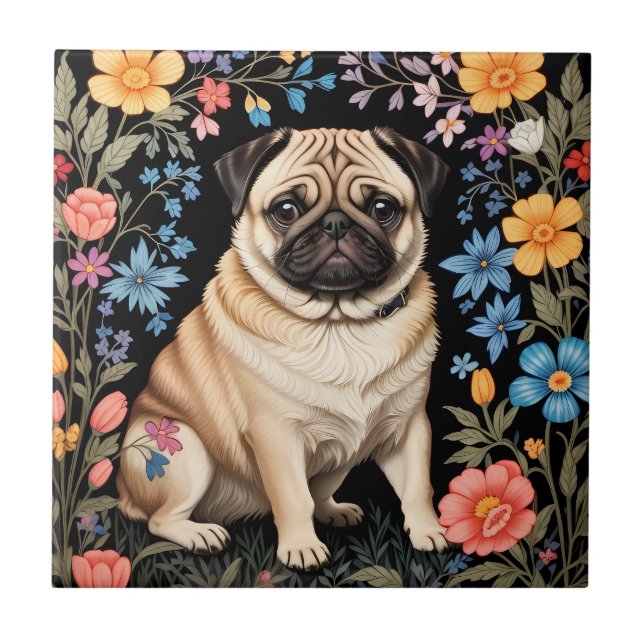 Cute Pug Elegante Floral Colorido (Frente)