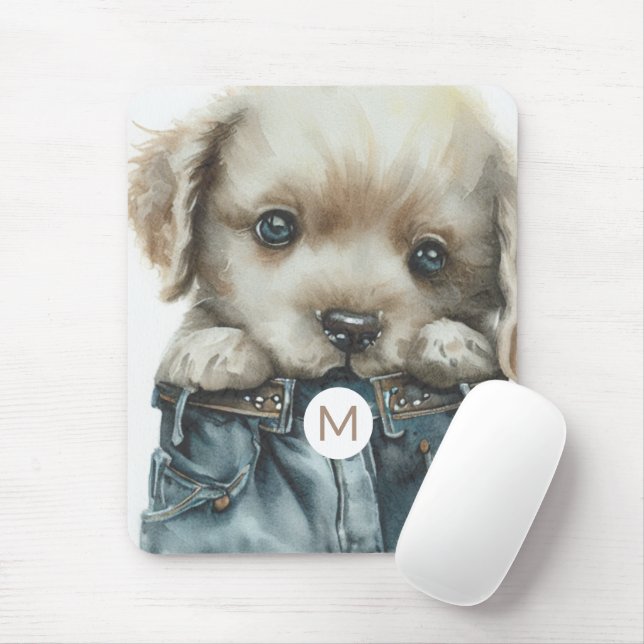 Cute Puppy em Jeans Art Monograma Mousepad (Com mouse)