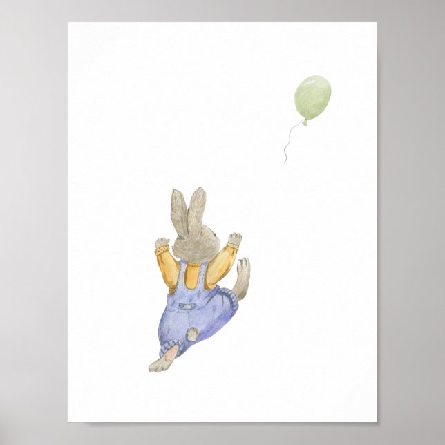 Cute Rabbit With Green Balloon Nursery Poster (Frente)
