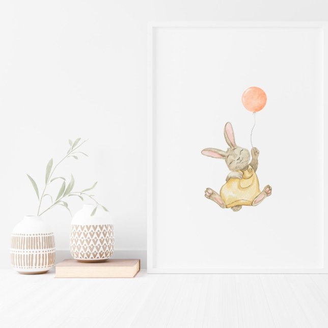 Cute Rabbit With Pink Balloon Nursery Poster (Criador carregado)