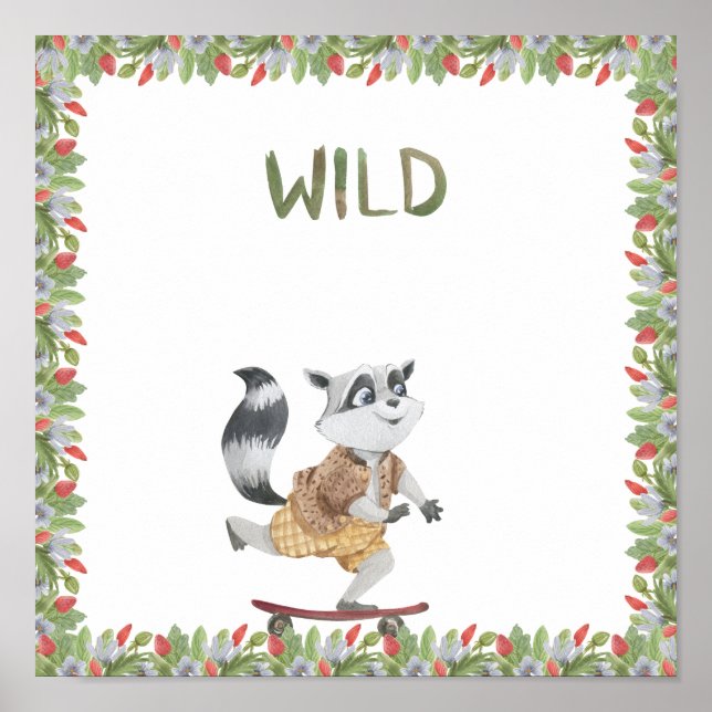 Cute Racoon On A Skateboard Wild Text Poster (Frente)