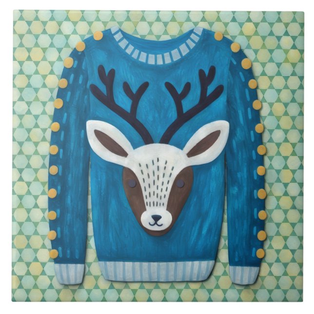 Cute Reindeer Ugly Sweater Holiday Art Tile (Frente)