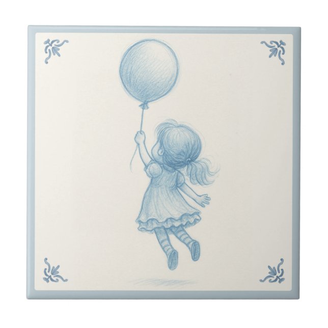 Cute retro pastel blue whimsical girl with balloon (Frente)