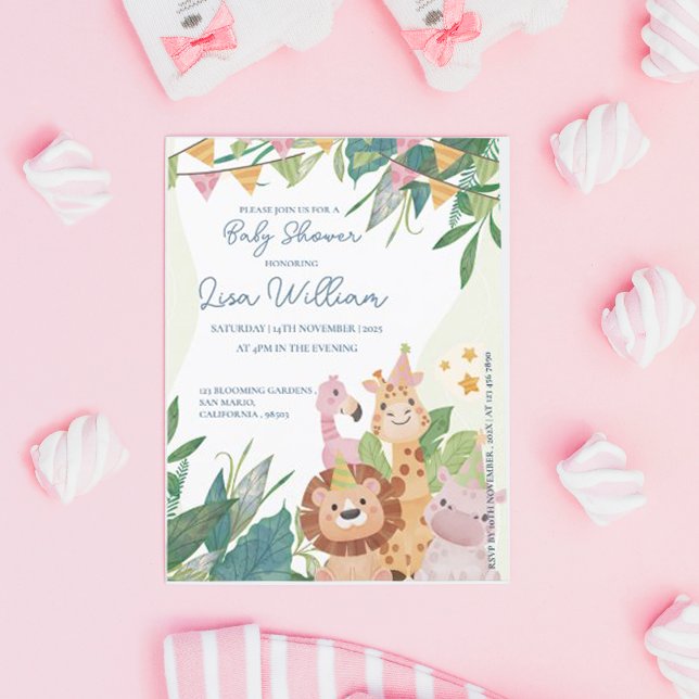 Cute Safari Animal Leafia Convite Para Chá de fral (Cute Safari Animals Leafy Baby Shower Invitation Postcard)