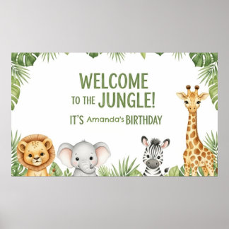 Cute Safari Baby Animals Welcome Birthday Poster