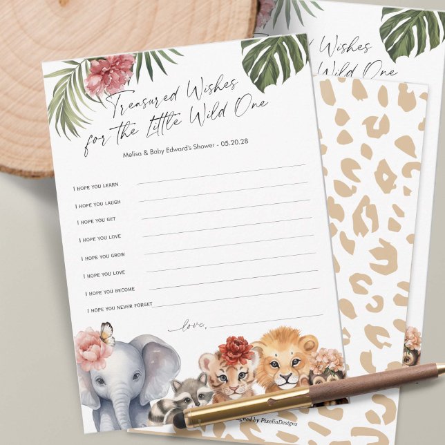 Cute Safari Wild One Baby Girl Quer Cartão (Baby Girl Shower wishes for baby game, Wild One Safari Animals Themed Baby Shower.)