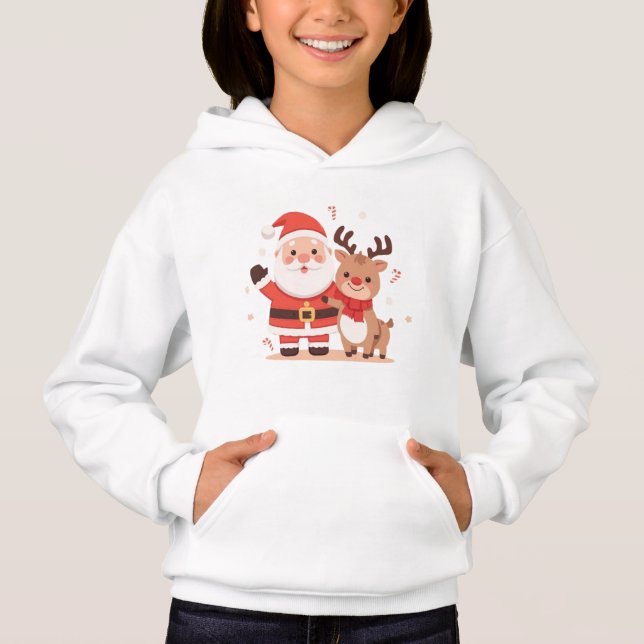 Cute Santa & Reindeer Kids Christmas Hoodie (Frente)