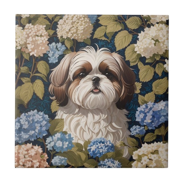 Cute Shih Tzu Puppy Blue hydrangea flores (Frente)