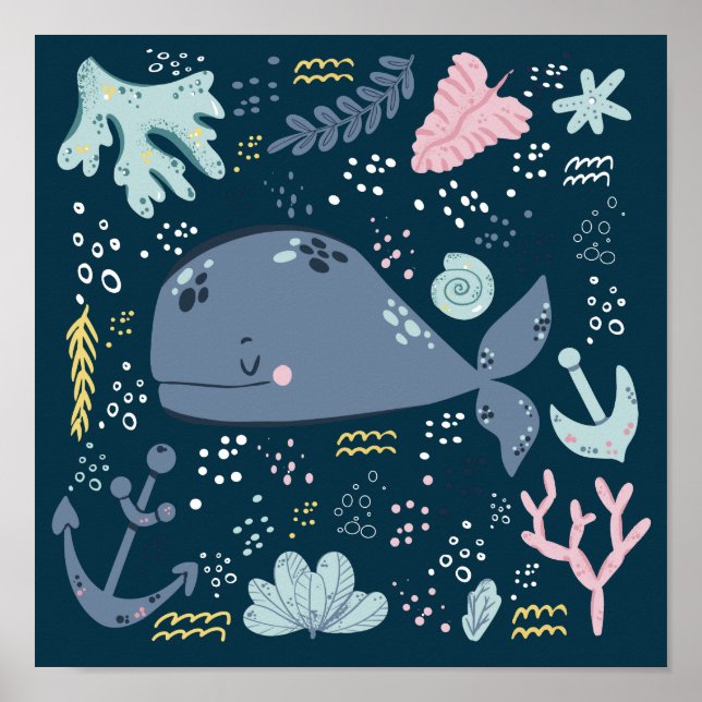 Cute Sleeping Whale Underwater Doodle Poster (Frente)