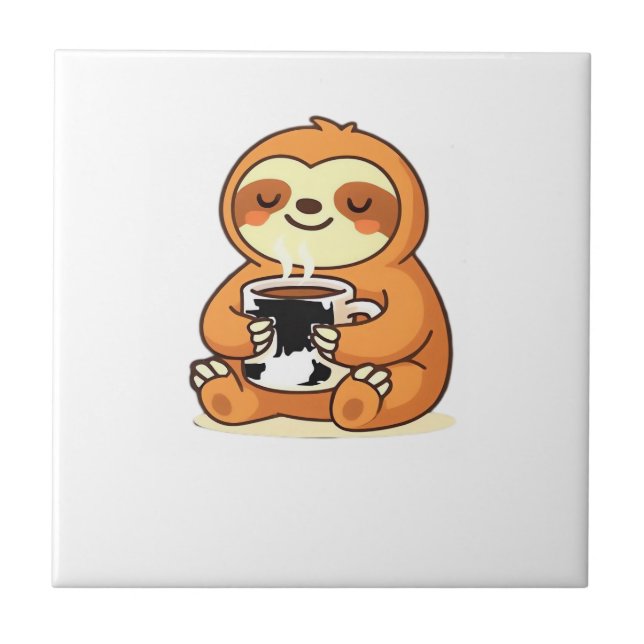 Cute Sloth Relaxando com Café Quente Camiseta Prem (Frente)
