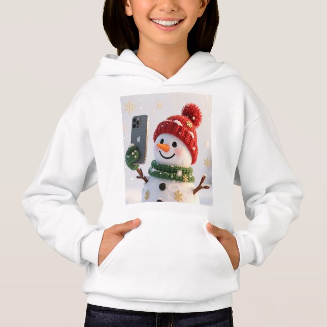 Cute Snowman With Phone Kids Hoodie (Frente)