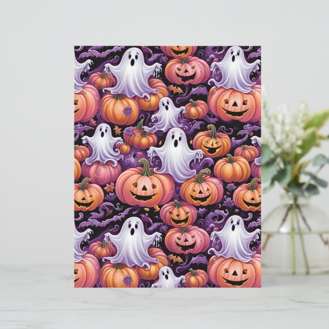 Cute Spooky Ghosts & Jack-o'-Lantern Pattern Paper (Em pé/Frente)