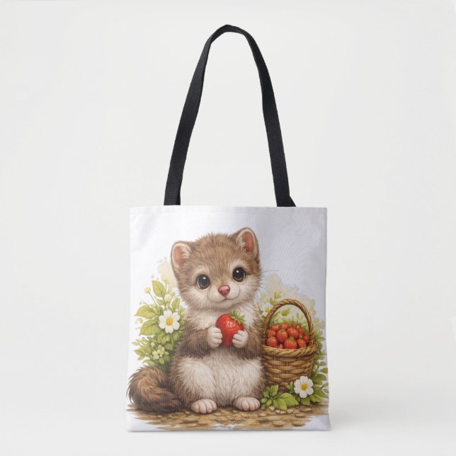 Cute Strawberry Weasel Tote Bag – Kawaii Woodland (Frente)