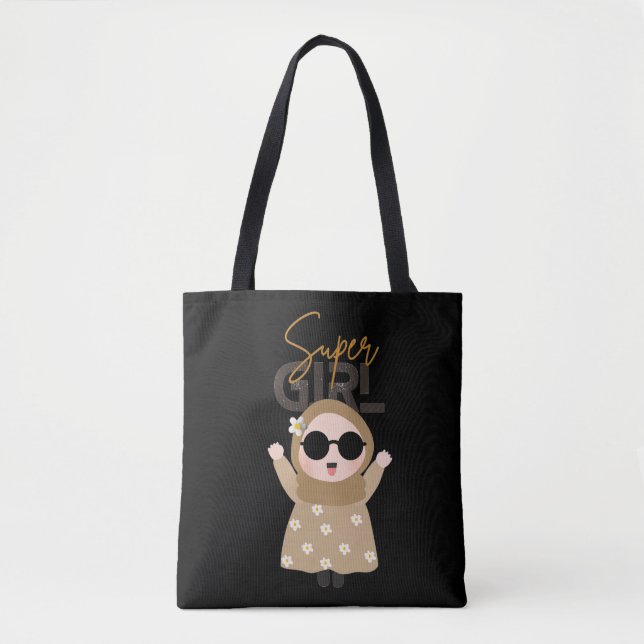 Cute "Super Girl" Illustration Tote Unique Islamic (Frente)