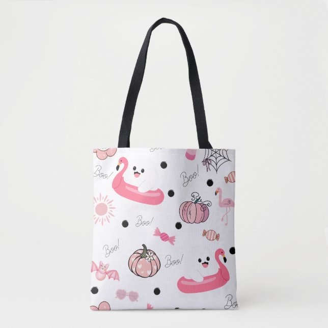 Cute Tropical Halloween Tote – Ghosts & Flamingos (Frente)