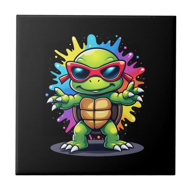Cute Turtle Wearing Sunglasses Paint Splash Sea An (Frente)