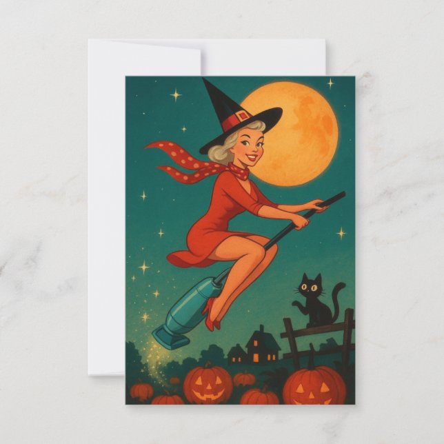 Cute Vintage Halloween Witch On Broom (Frente)