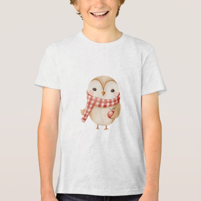 Cute Watercolor Owl with Red Scarf and Apple  (Frente)