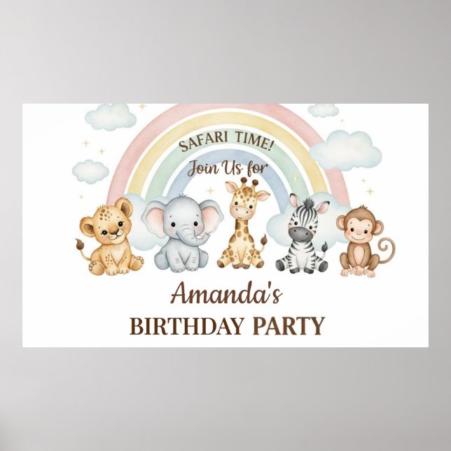 Cute Watercolor Safari Animals Birthday Poster (Frente)