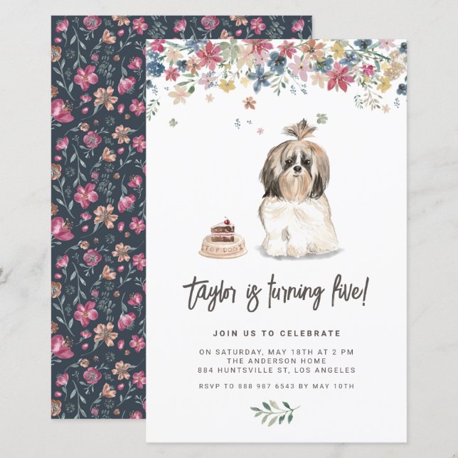 Cute Watercolor Shih Tzu Dog Convite Aniversário (Frente/Verso)
