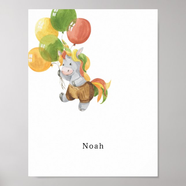 Cute Watercolour Donkey With Balloons Name Poster (Frente)