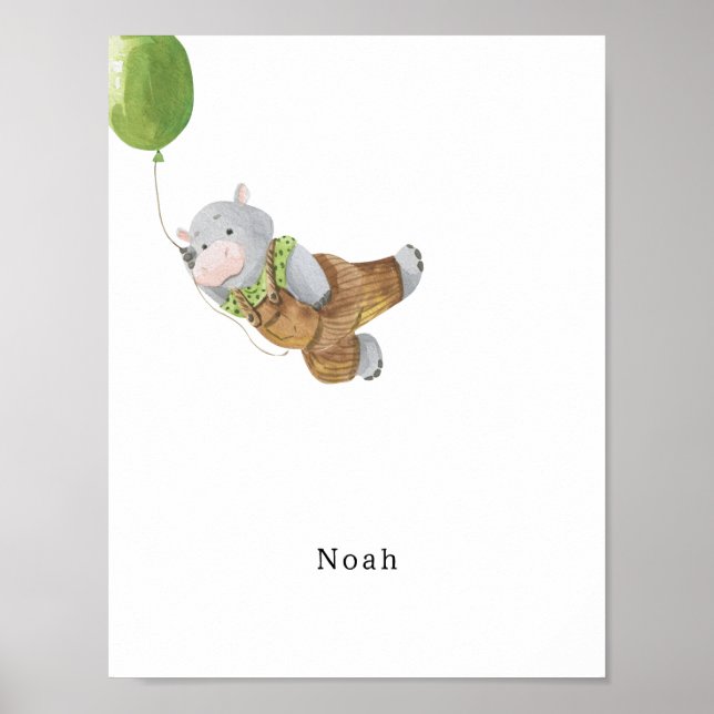 Cute Watercolour Hippo With Balloon Name Poster (Frente)