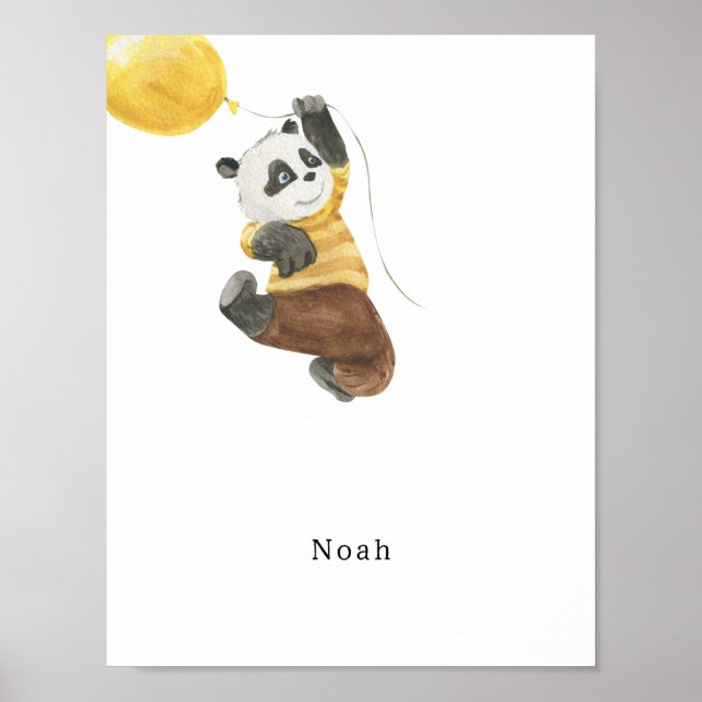 Cute Watercolour Panda With Balloon Name Poster (Frente)