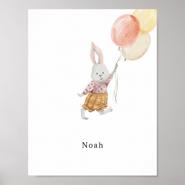 Cute Watercolour Rabbit With Balloons Name Poster (Frente)