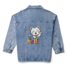 Cute Waving Cat Olá Colorido Casaco de Denim Retro