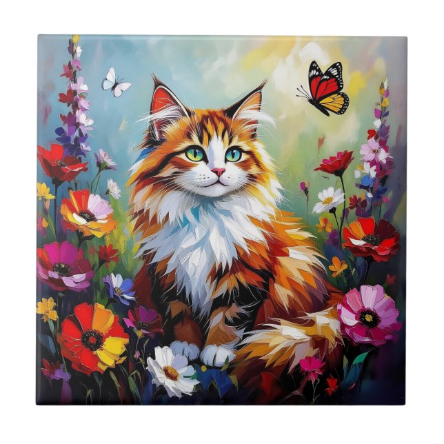 Cute Whimsical  Cat, Flowers and Butterflies (Frente)
