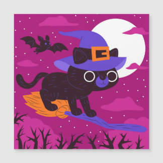 Cute Witch Cat Flying on Broom Halloween Kawaii