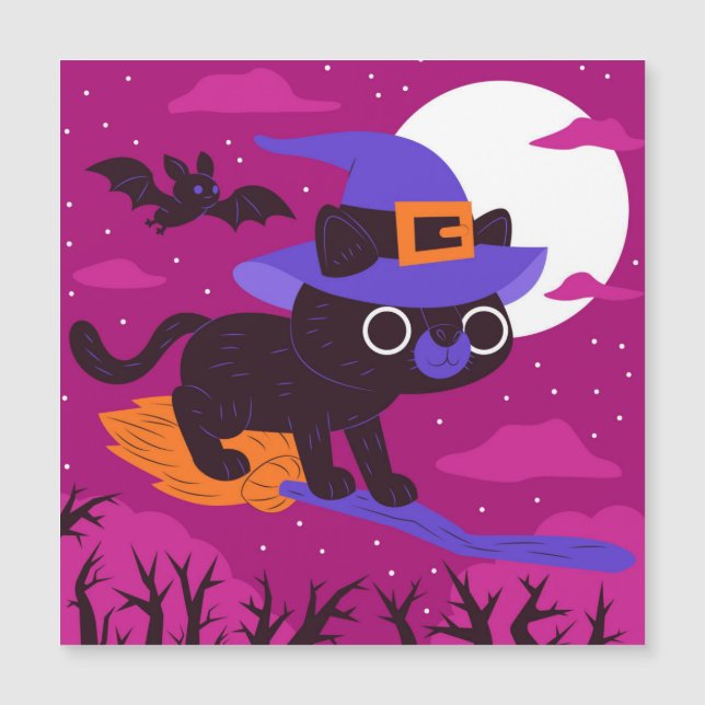 Cute Witch Cat Flying on Broom Halloween Kawaii (Frente)