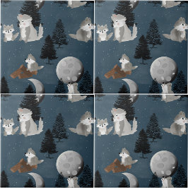 Cute Wolf Pack Woodland Night Sky Moon