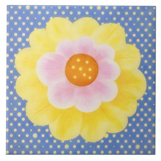 Cute Yellow Flower on Blue Decorative Tile (Frente)