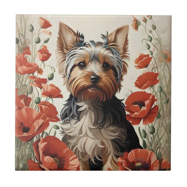 Cute Yorkshire Terrier Botanical Red Poppies (Frente)