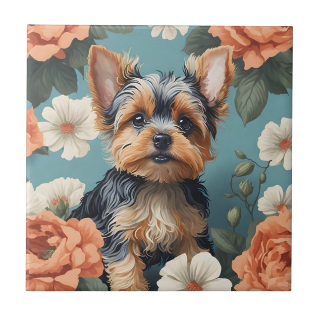 Cute Yorkshire Terrier Puppy Floral (Frente)