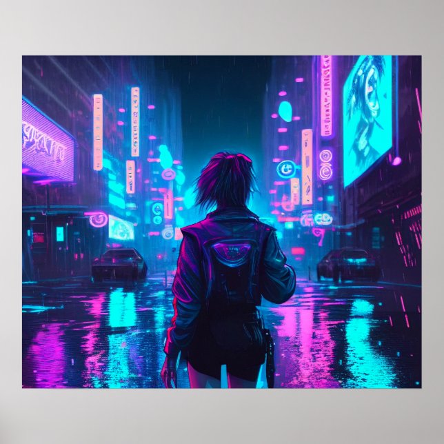 Cyberpunk anime girl, poster da cidade chuvosa (Frente)