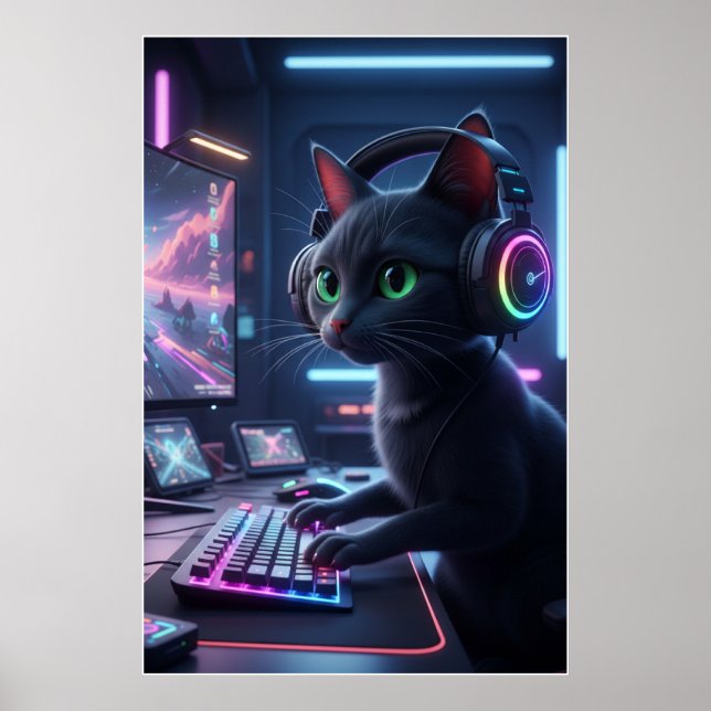 Cyberpunk Gamer Cat Art Poster (Frente)