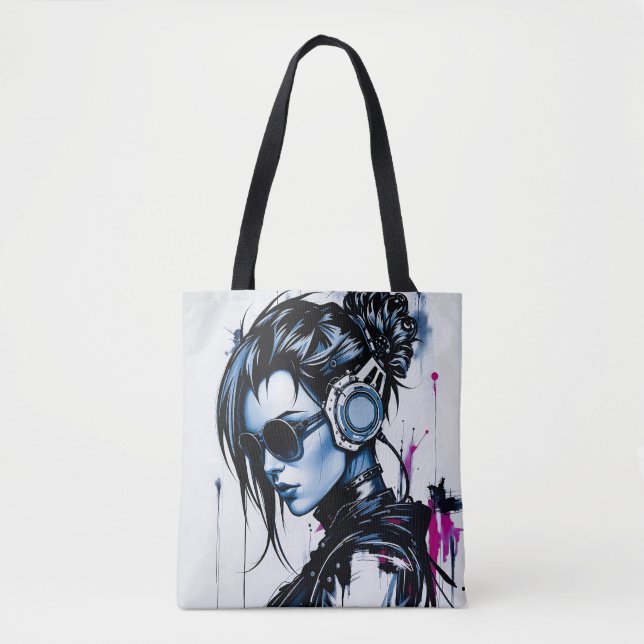 Cyberpunk Girl com Fones de ouvido Tote Bag (Frente)