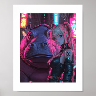 Cyberpunk Moodengmoney Waifu & Hippo Crypto Poster