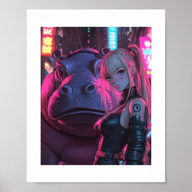 Cyberpunk Moodengmoney Waifu & Hippo Crypto Poster (Frente)