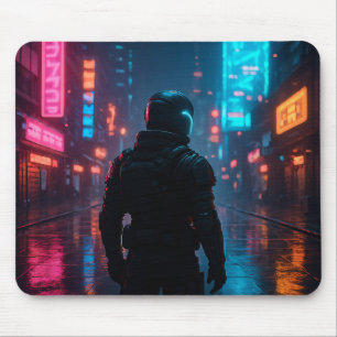 Cyberpunk Neon Warrior Mousepad - Futurística Sci-