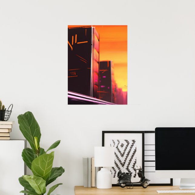 Cyberpunk orange city AI art poster (Escritório em casa)