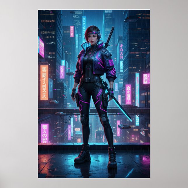 Cyberpunk Samurai Girl | Neon City Warrior Poster (Frente)