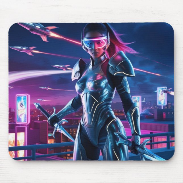 Cyberpunk Warrior Mouse Pad Neon Cityscape Design (Frente)