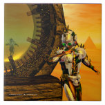 CYBORG TITAN,DESERT HYPERION Science Ficfi<br><div class="desc">Imagem de ficção artística e brilhante em cores amarela,  verde,  castanha,  branca. Titan cyborg da Hyperion com sua vibrante carapaça metálica cromada refletiva em um ambiente surreal com pirâmides,  sol quente,  deserto semelhante a uma paisagem egípcia,  quadro de animação do filme 3D Hyperion World .Baldesign3d (c)</div>